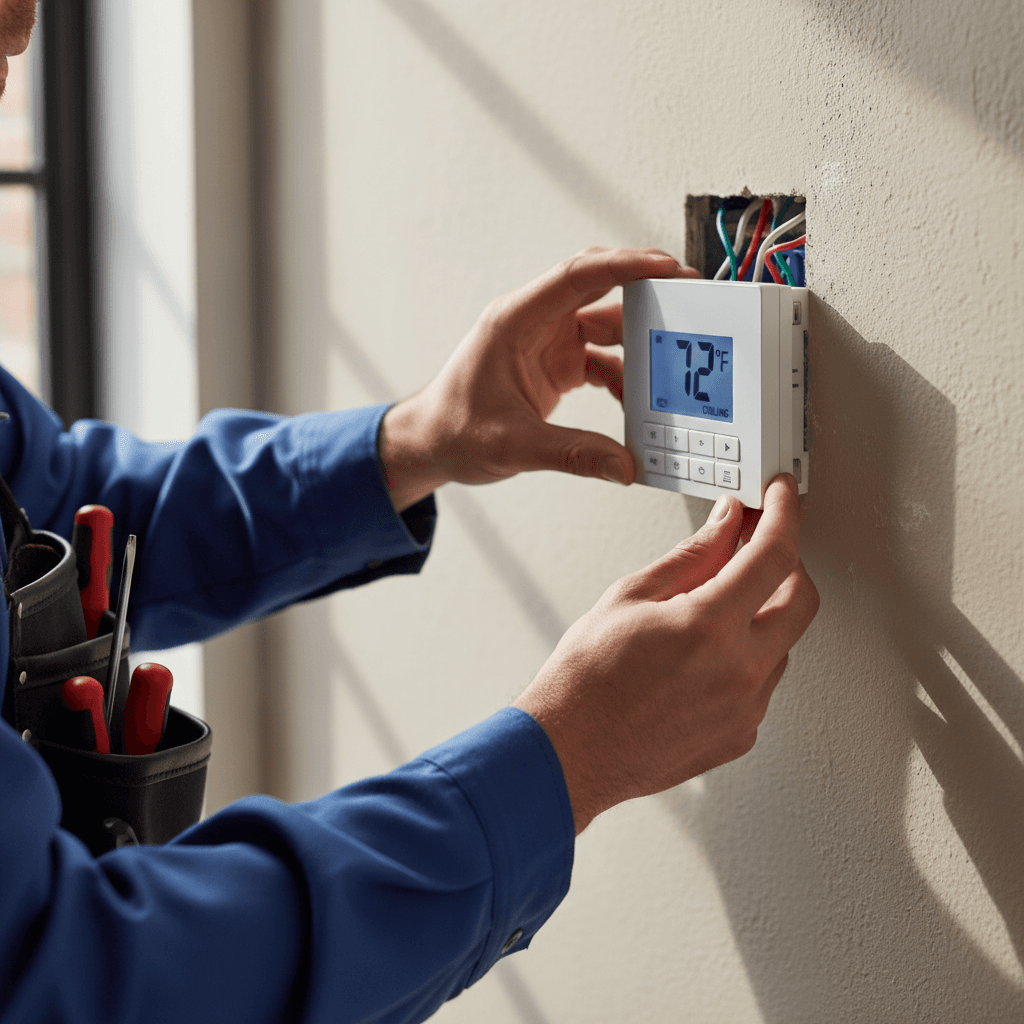 HVAC technician adjusting residential thermostat