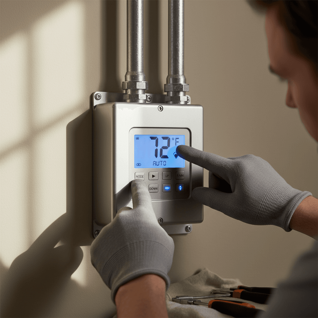 HVAC technician adjusting home thermostat during service call